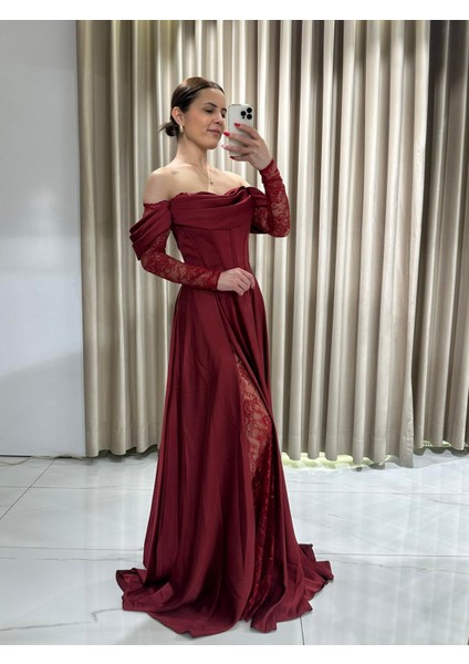 Bordo Kayık Yaka Dantel Kollu Abiye Elbise 5561