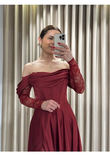 Bordo Kayık Yaka Dantel Kollu Abiye Elbise 5561 fiyatları