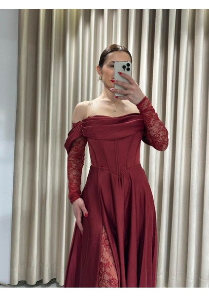 Bordo Kayık Yaka Dantel Kollu Abiye Elbise 5561 modelleri