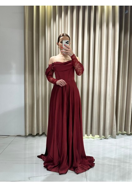 Bordo Kayık Yaka Dantel Kollu Abiye Elbise 5561 fırsatları