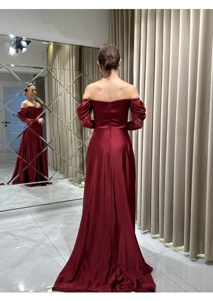 Bordo Kayık Yaka Dantel Kollu Abiye Elbise 5561 indirimleri