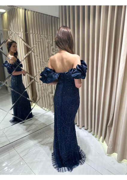 Siyah Kayık Yaka Boncuk Işlemeli Balık Model Abiye Elbise 5417