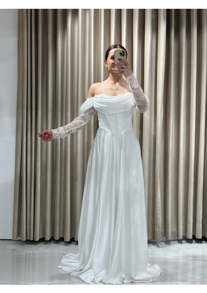 Beyaz Kayık Yaka Dantel Kollu Abiye Elbise 5561