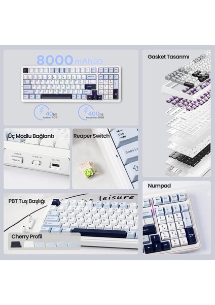 F99 3 Modlu Rgb Hot Swap Mekanik Reaper Switch Kablosuz Makrolu Klavye Lacivert fırsatları