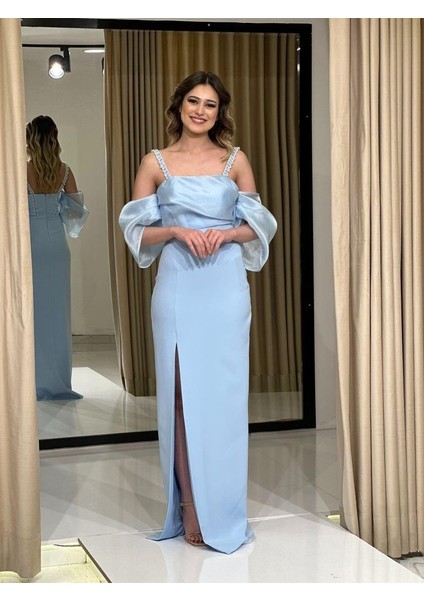 Mavi Balon Kollu İp Askılı Krep Yeni Sezon Abiye Elbise En5139 5139 fiyatları