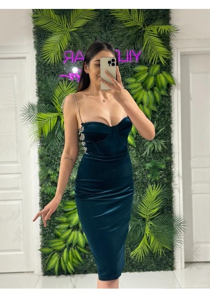 Zümrüt Yeşili Yıldızlar Kadın Taş Askılı Yanları Pencereli Kadife Yeni Sezon Abiye Elbise Gs7350 7350 Boy:110cm fırsatları