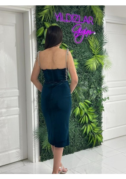 Zümrüt Yeşili Yıldızlar Kadın Taş Askılı Yanları Pencereli Kadife Yeni Sezon Abiye Elbise Gs7350 7350 Boy:110cm indirimleri