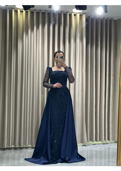 Lacivert Boncuk Işlemeli Uzun Kollu Pelerinli Abiye Elbise 5463