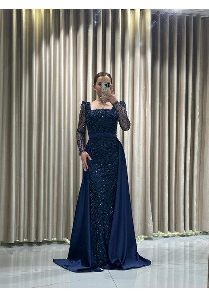 Lacivert Boncuk Işlemeli Uzun Kollu Pelerinli Abiye Elbise 5463 fiyatları