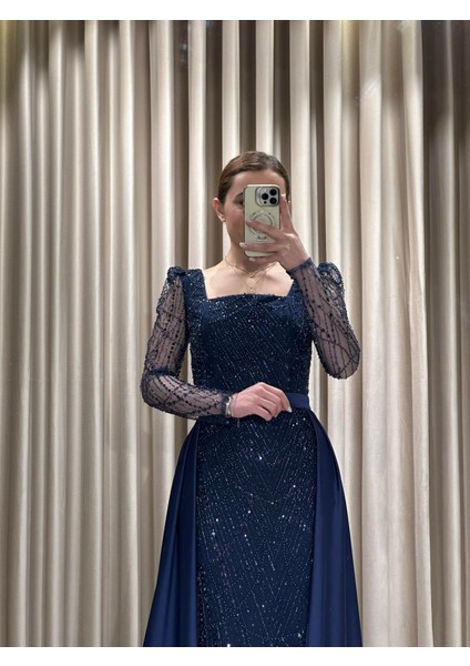 Lacivert Boncuk Işlemeli Uzun Kollu Pelerinli Abiye Elbise 5463 modelleri