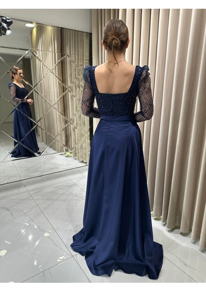 Lacivert Boncuk Işlemeli Uzun Kollu Pelerinli Abiye Elbise 5463 indirimleri