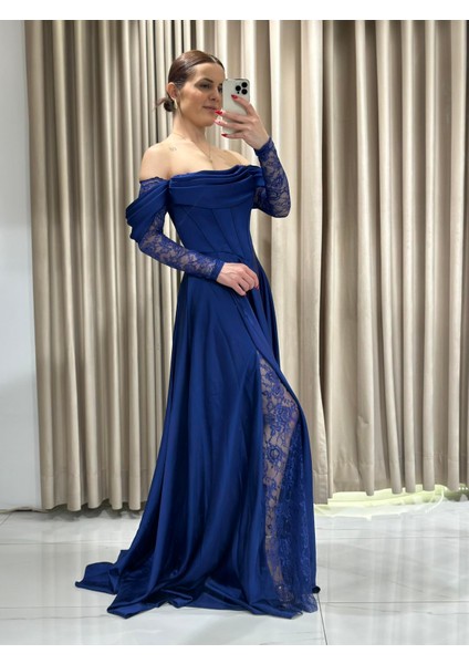 Saks Kayık Yaka Dantel Kollu Abiye Elbise 5561