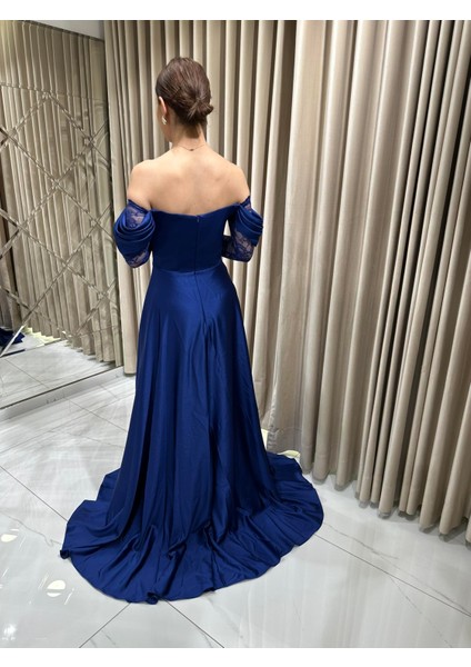 Saks Kayık Yaka Dantel Kollu Abiye Elbise 5561
