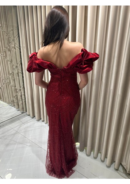 Bordo Kayık Yaka Boncuk Işlemeli Balık Model Abiye Elbise 5417
