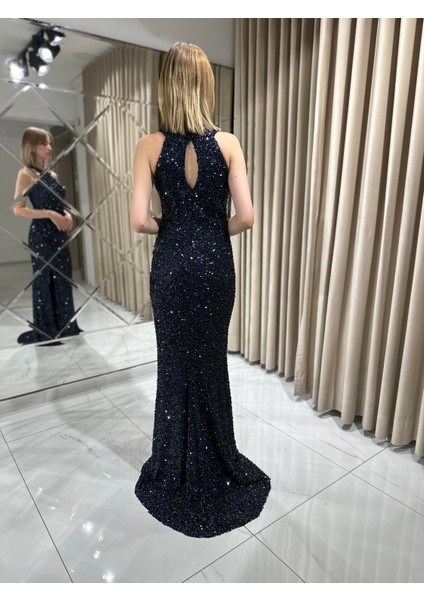 Lacivert Halter Yaka Pul Payet Işlemeli Abiye 1004