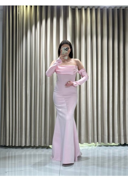 Pembe Straplez Drapeli Seyyar Kollu Abiye Elbise 5361