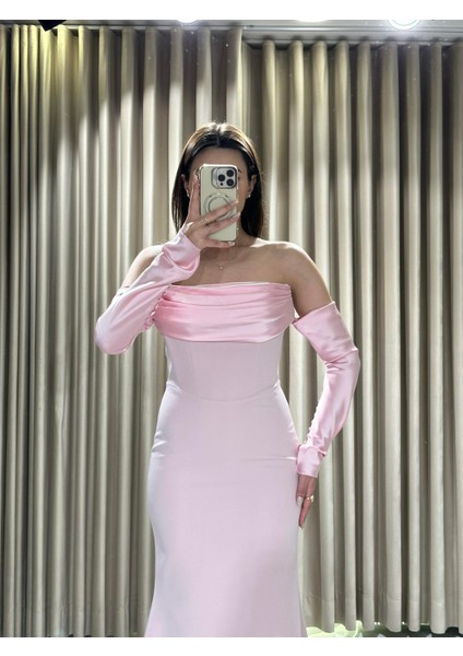 Pembe Straplez Drapeli Seyyar Kollu Abiye Elbise 5361 modelleri
