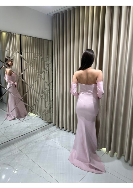 Pembe Straplez Drapeli Seyyar Kollu Abiye Elbise 5361 fırsatları