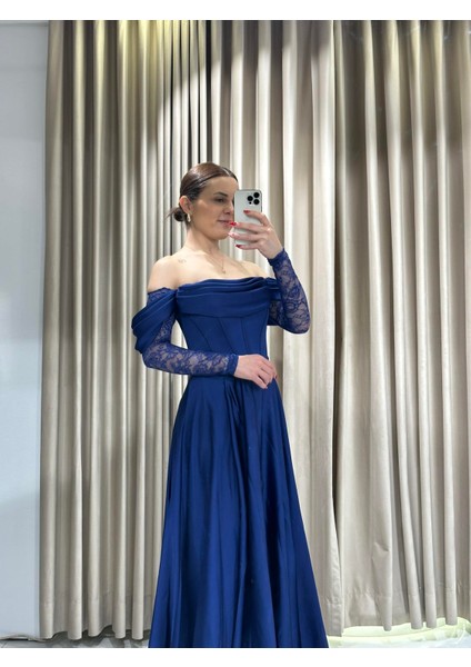 Saks Kayık Yaka Dantel Kollu Abiye Elbise 5561 modelleri