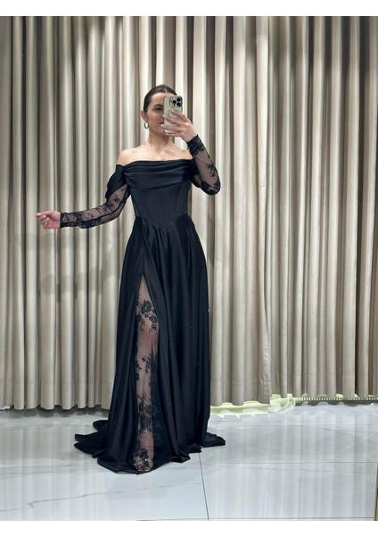 Siyah Kayık Yaka Dantel Kollu Abiye Elbise 5561 fiyatları