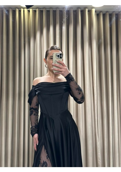 Siyah Kayık Yaka Dantel Kollu Abiye Elbise 5561 modelleri