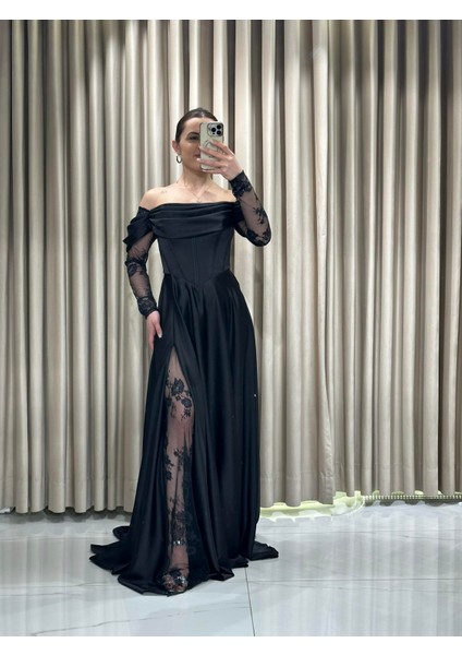 Siyah Kayık Yaka Dantel Kollu Abiye Elbise 5561 fırsatları