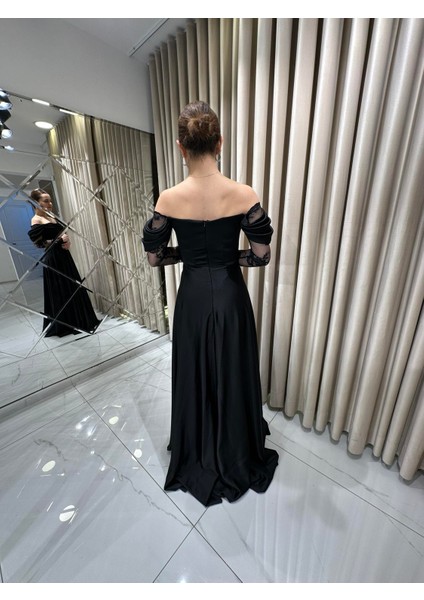 Siyah Kayık Yaka Dantel Kollu Abiye Elbise 5561 indirimleri