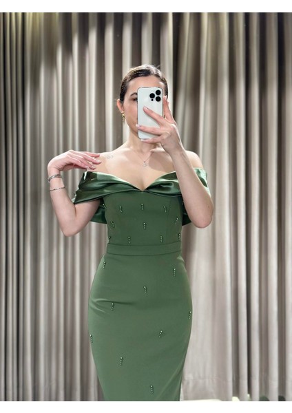 Haki Kayık Yaka Boncuk Işlemeli Midi Abiye Elbise 5431