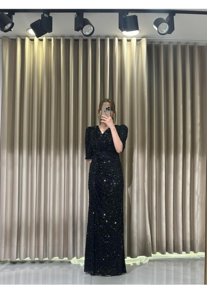 Siyah Payet Uzun Kollu Abiye Elbise 5393