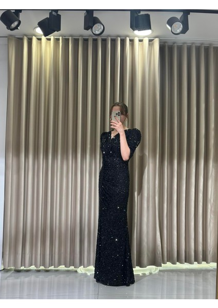 Siyah Payet Uzun Kollu Abiye Elbise 5393 fiyatları