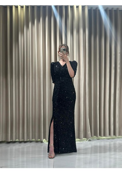 Siyah Payet Uzun Kollu Abiye Elbise 5393 modelleri