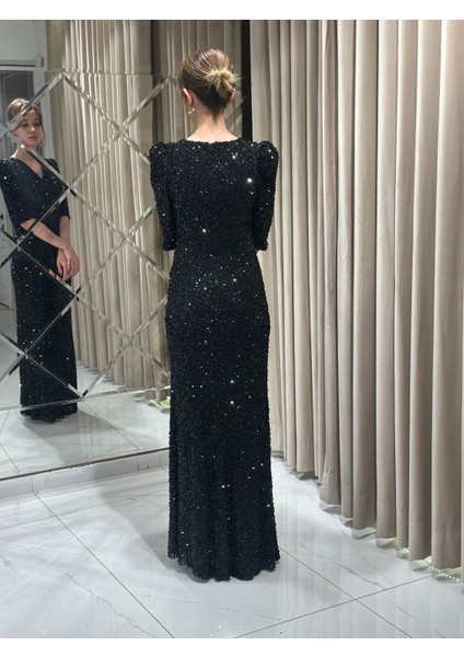 Siyah Payet Uzun Kollu Abiye Elbise 5393 indirimleri
