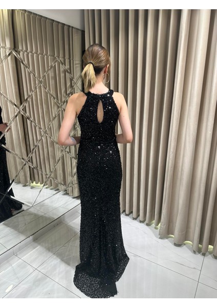 Siyah Halter Yaka Pul Payet Işlemeli Abiye 1004