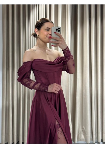 Mürdüm Kayık Yaka Dantel Kollu Abiye Elbise 5561 fiyatları