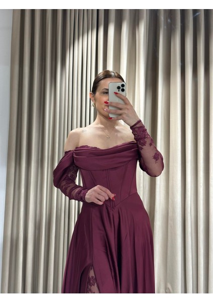 Mürdüm Kayık Yaka Dantel Kollu Abiye Elbise 5561 fırsatları