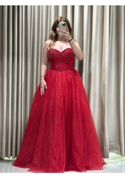 Kırmızı Çift Yaka Prenses Model Nişanlık-Abiye