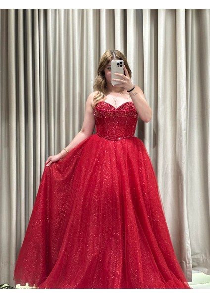 Kırmızı Çift Yaka Prenses Model Nişanlık-Abiye