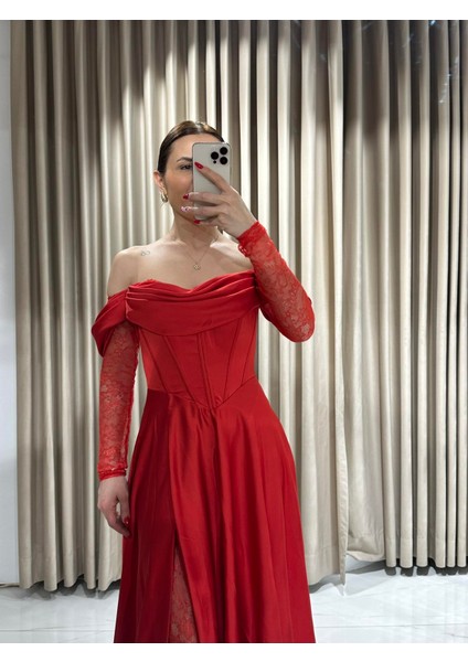 Kırmızı Kayık Yaka Dantel Kollu Abiye Elbise 5561 modelleri