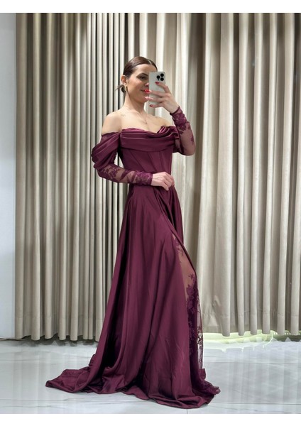 Mürdüm Kayık Yaka Dantel Kollu Abiye Elbise 5561