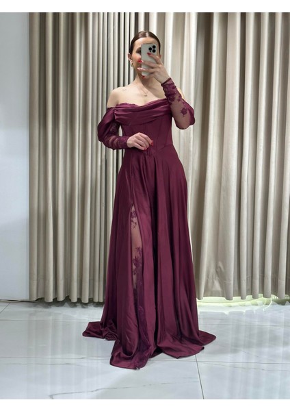 Mürdüm Kayık Yaka Dantel Kollu Abiye Elbise 5561 modelleri