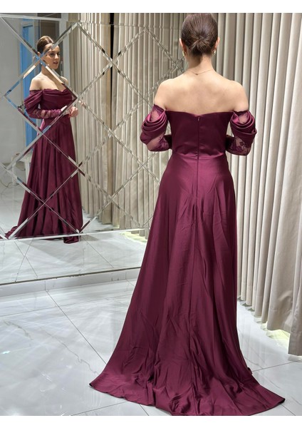 Mürdüm Kayık Yaka Dantel Kollu Abiye Elbise 5561 indirimleri