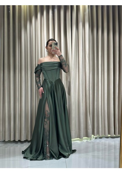 Haki Kayık Yaka Dantel Kollu Abiye Elbise 5561