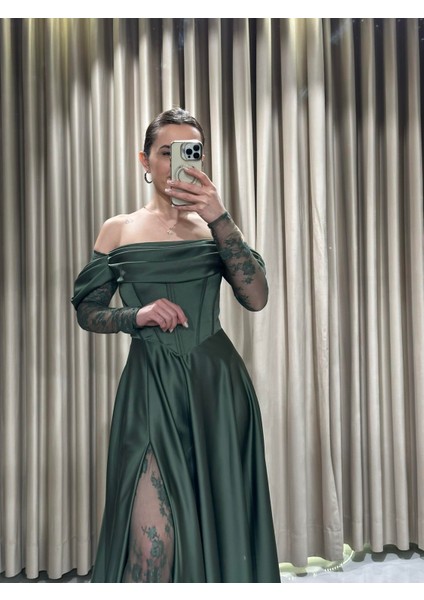 Haki Kayık Yaka Dantel Kollu Abiye Elbise 5561 fiyatları