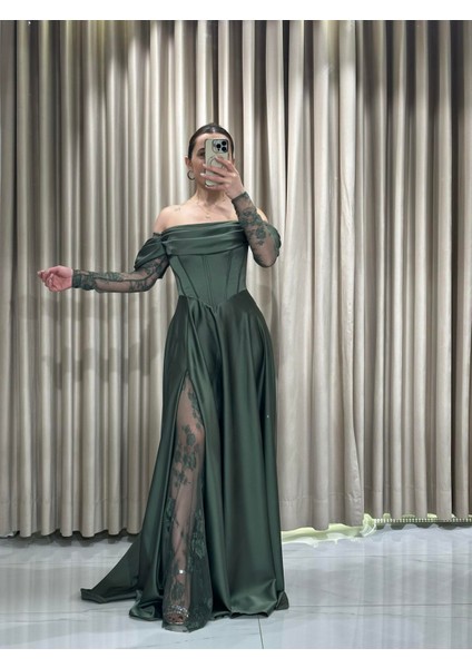 Haki Kayık Yaka Dantel Kollu Abiye Elbise 5561 modelleri