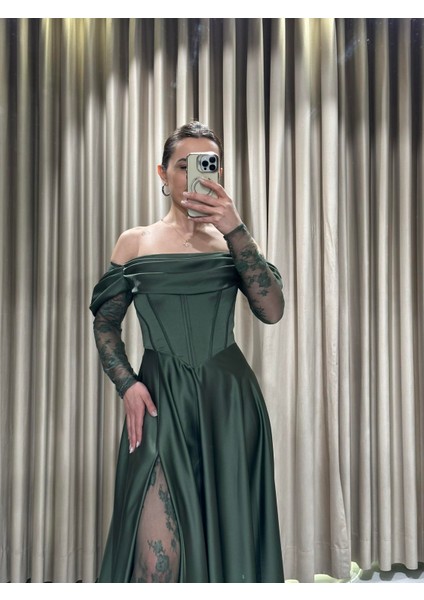 Haki Kayık Yaka Dantel Kollu Abiye Elbise 5561 fırsatları