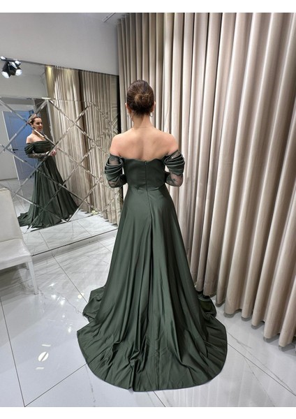 Haki Kayık Yaka Dantel Kollu Abiye Elbise 5561 indirimleri