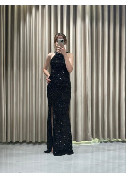 Siyah Halter Yaka Pul Payet Işlemeli Abiye 1004