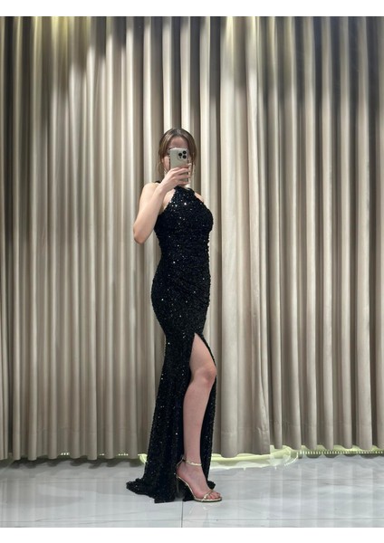 Siyah Halter Yaka Pul Payet Işlemeli Abiye 1004 fırsatları