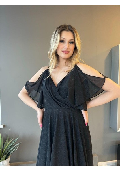 Siyah İp Askılı Arkası Brid Bağlamalı Yarım kollu V Yaka Uzun Kiloş Yeni Sezon Abiye Elbise Na5190 5190 fiyatları
