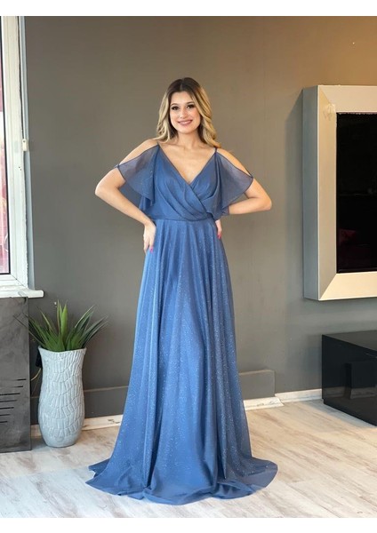 İndigo İp Askılı Arkası Brid Bağlamalı Yarım kollu V Yaka Uzun Kiloş Yeni Sezon Abiye Elbise Na5190 5190